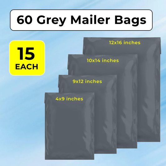 Grey Self Seal Mailing Bags, 4 Sizes, Pack of 60